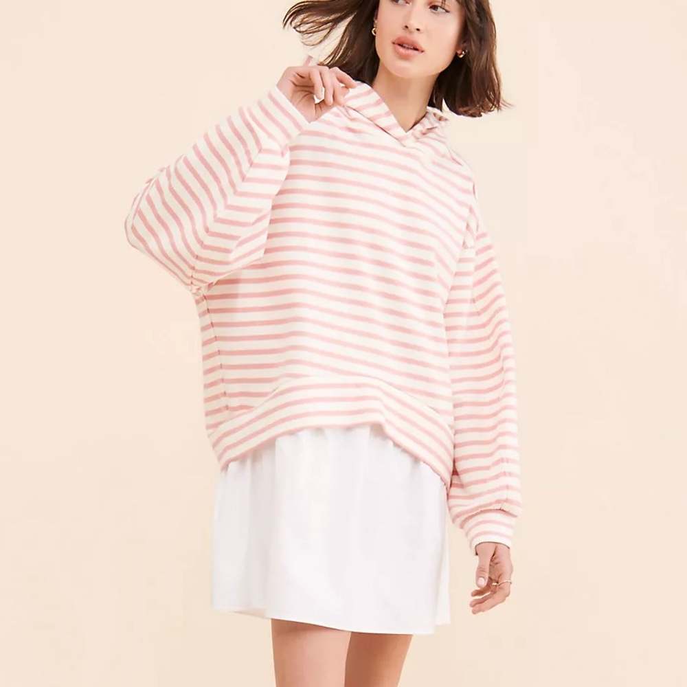 Anthropologie Pink and White Striped Long-Sleeve Hoodie Dress